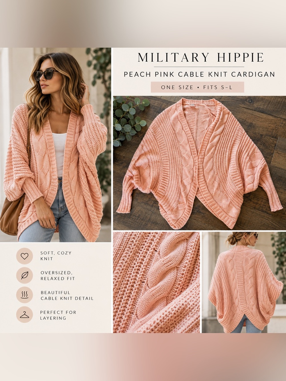 Military Hippie Peach Pink Cable Knit Cardigan Sweater One Size Small-Large!